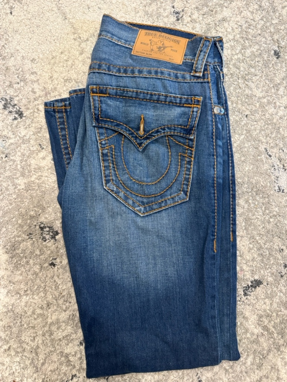 True Religion Men's Bootcut Jeans in Medium Blue with Gold Stitching